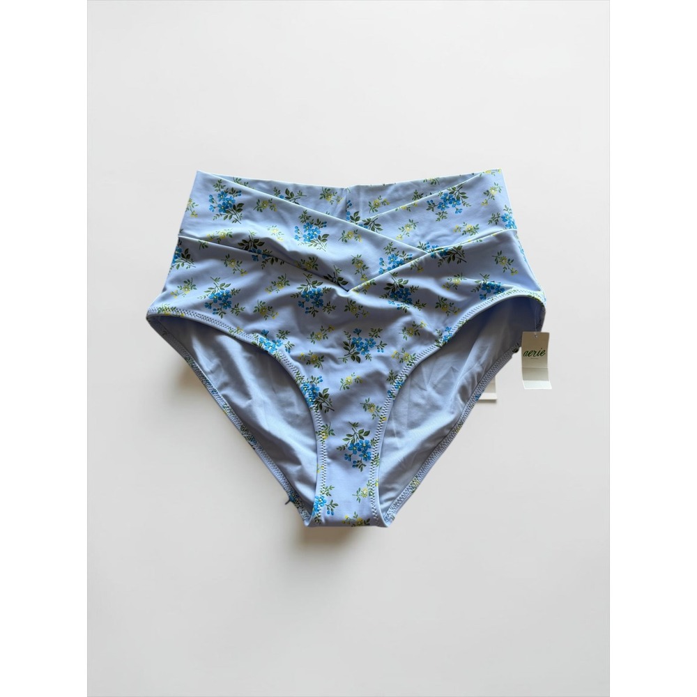 Aerie Real Good High Waisted Crossover Bikini Bottoms Blue Floral M NWT‎